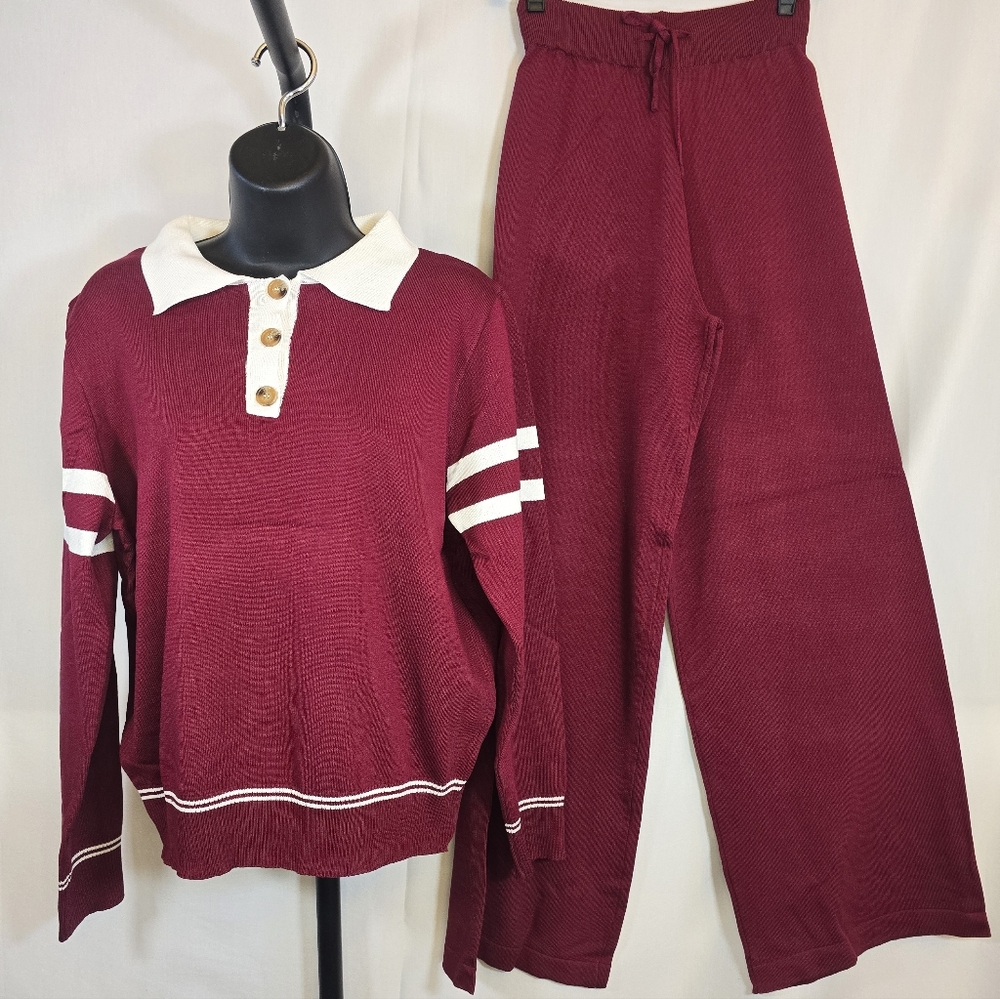 Burgundy and White Collard Long Sleeve Knit pantsuit